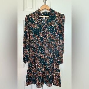 London Times V-Neck Long Sleeve Ruffled Bodice Smocked Waist Dress